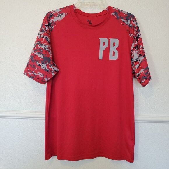 Badger Sport T-shirt PB Red Moisture Wicking Short Sleeve Mens Size M Camo - Picture 1 of 11